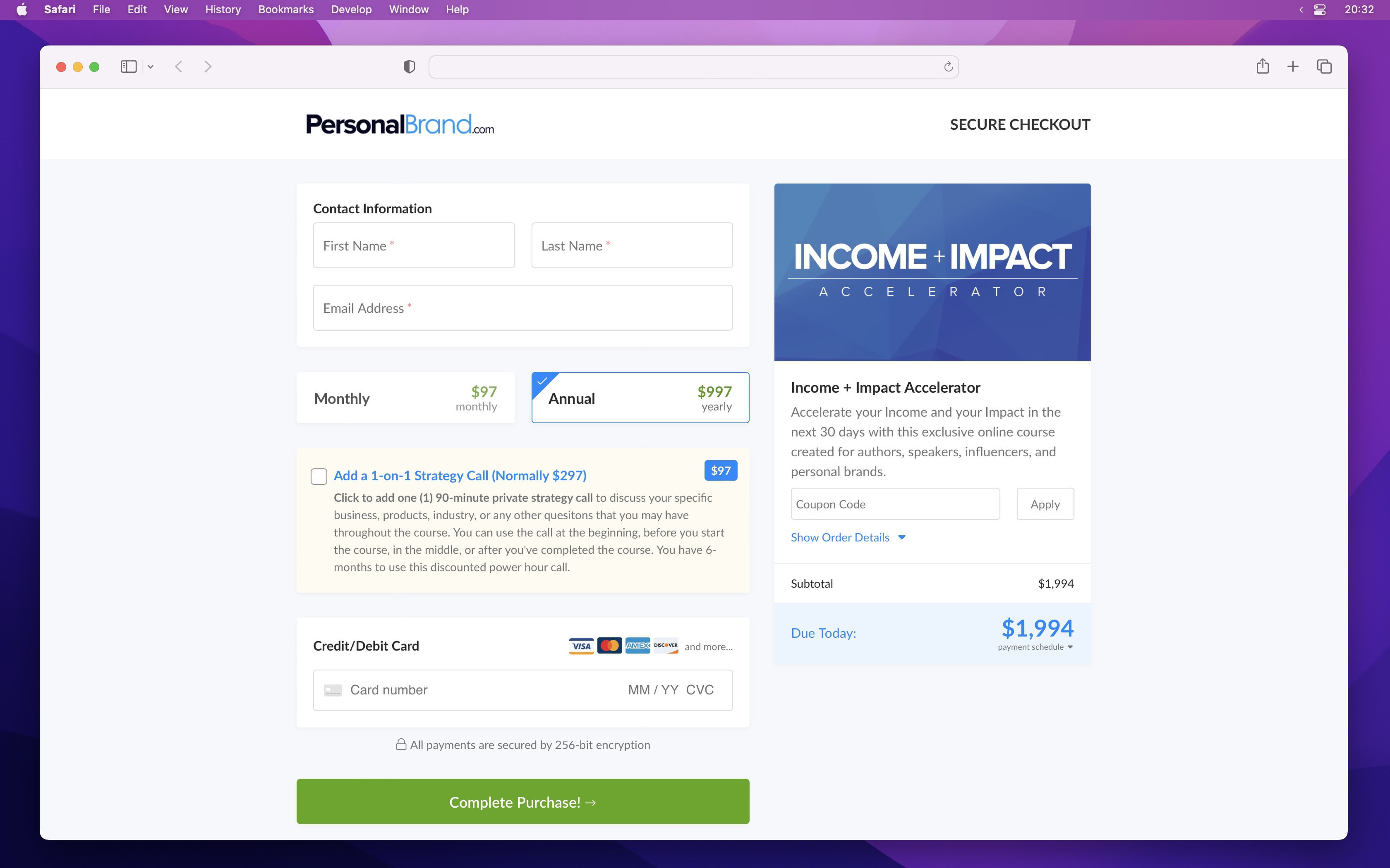 Spiffy desktop checkout with product details, payment options, and order summary